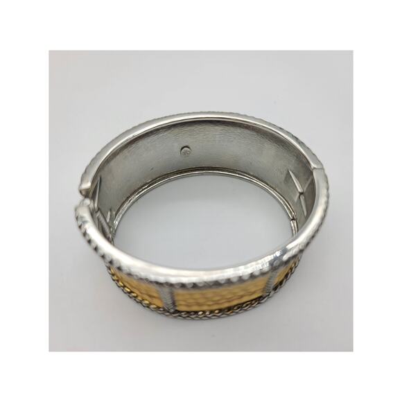 Vintage Premier Designs Mixed Metal Gold & Silver Hammered Hinged Cuff Bracelet - Picture 7 of 8